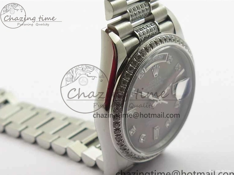 0517 SmoothTexture Day-Date 36mm 128239 SS Crystal BP Best Edition Black MOP Crystal Marker Dial on SS President Bracelet A 2681